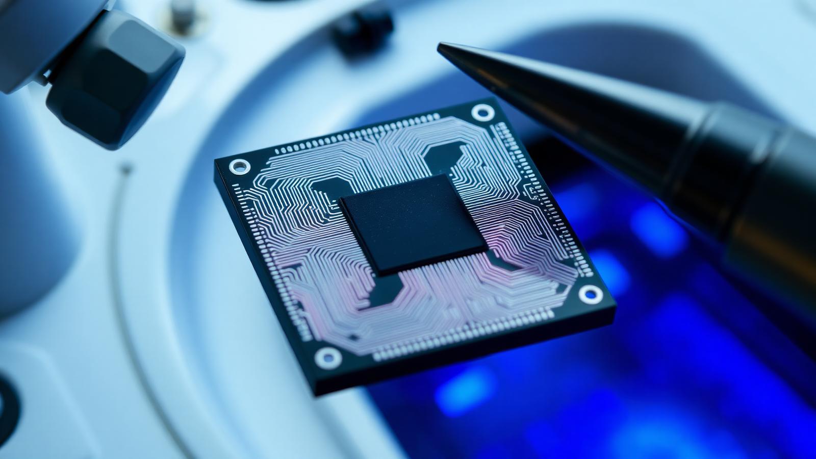 Macro photograph of a semiconductor chip under a microscope in a cleanroom