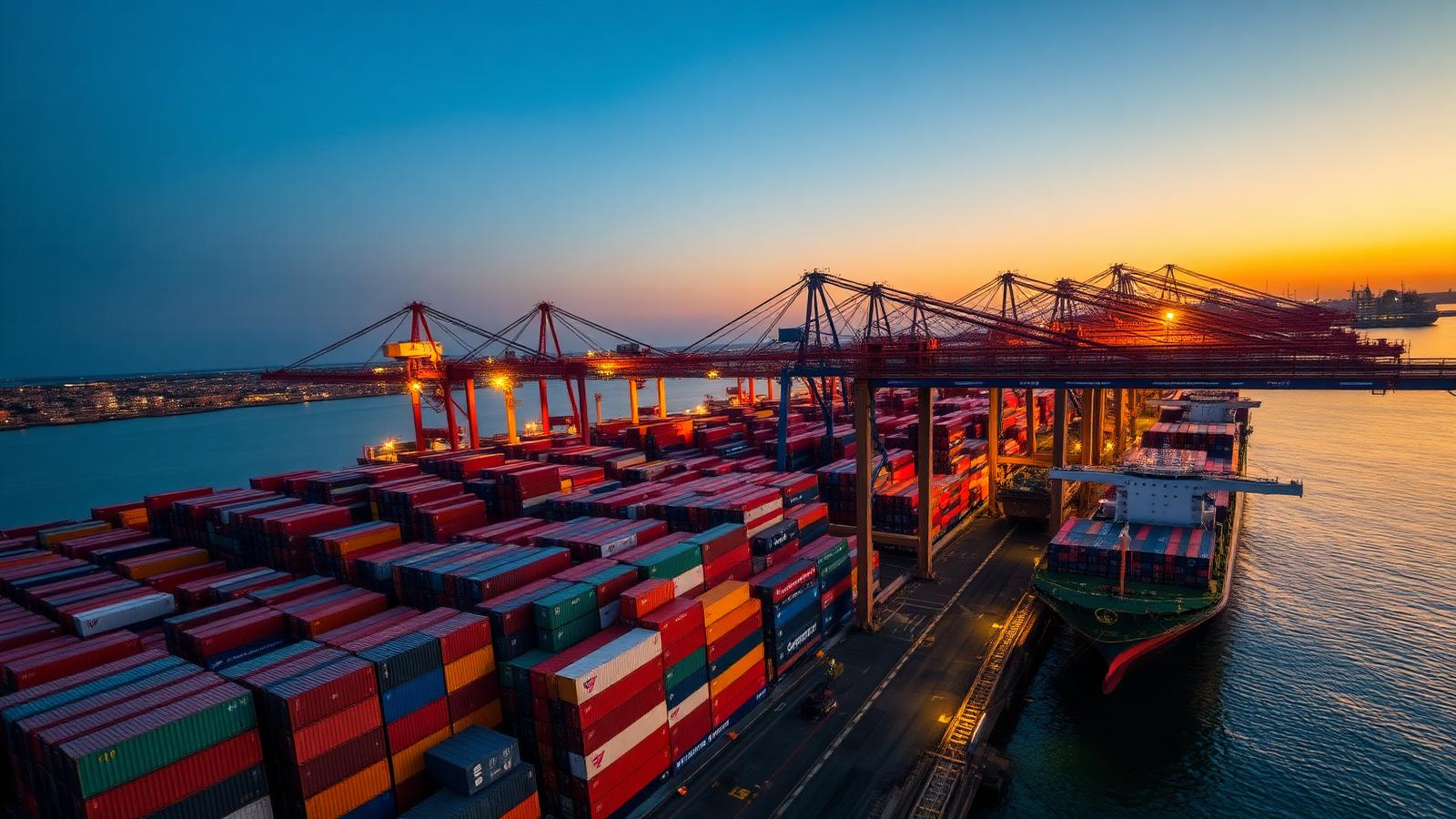 Aerial view of a busy container shipping port at dusk with stacked containers and gantry cranes