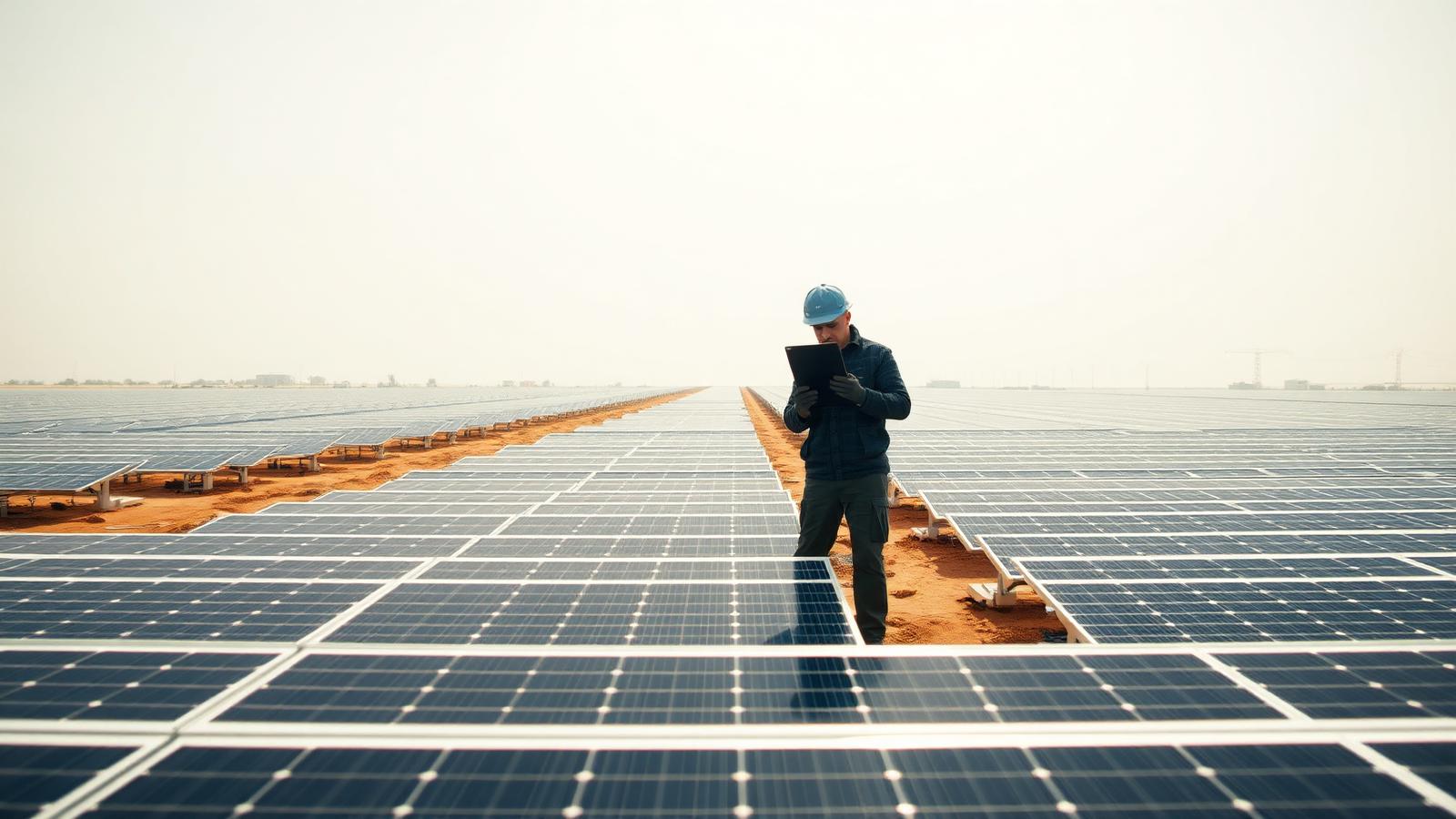 Technician inspecting a photovoltaic module in a utility-scale solar farm stretching to the horizon