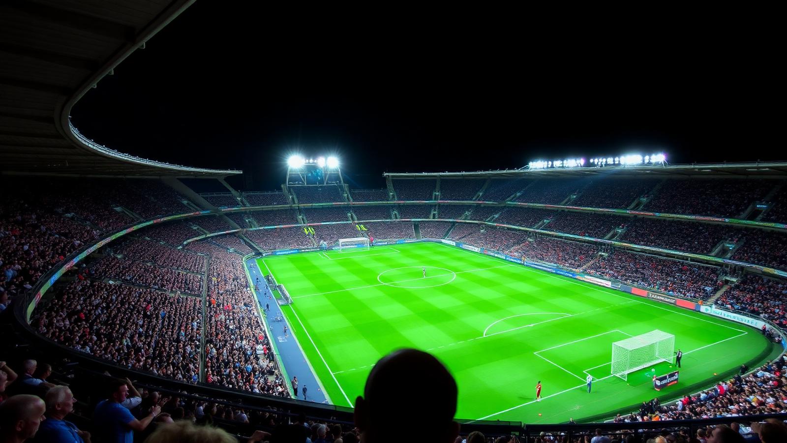 Packed football stadium at night under bright floodlights viewed from the upper tier