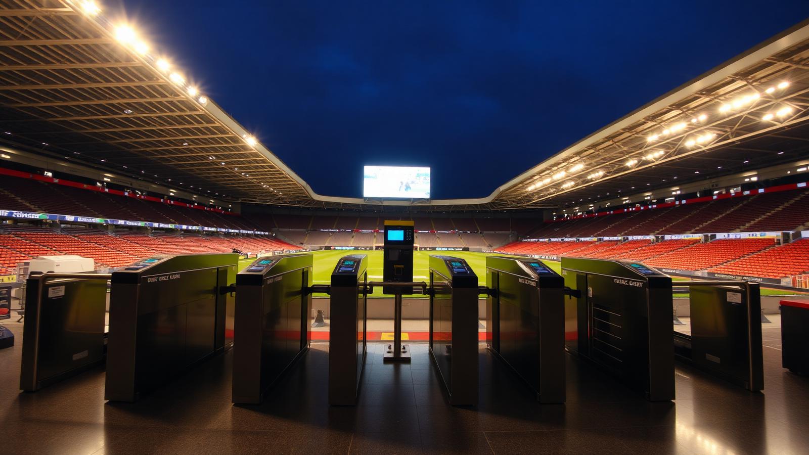 Row of stadium turnstiles and ticket scanning gates on an empty concourse under evening floodlights