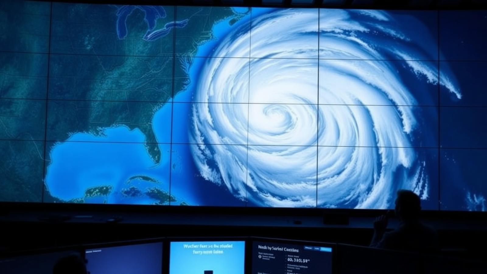 Forecasters in silhouette watching a huge spiral storm system on a large satellite weather display in a control room