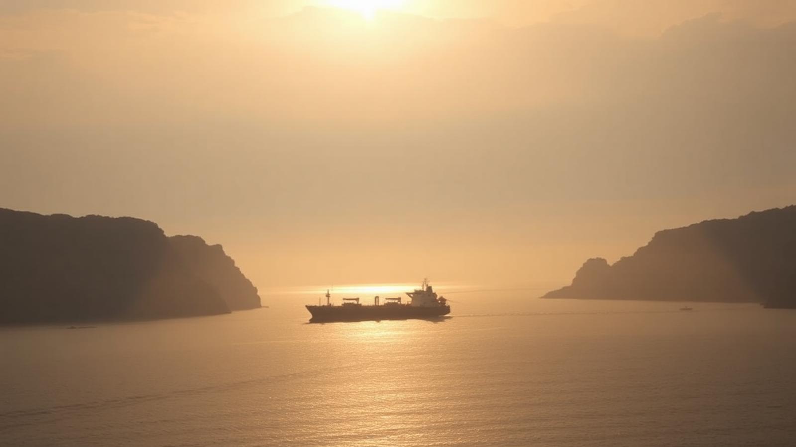 An oil tanker transiting a hazy narrow strait at sunset, the shipping route disrupted during the conflict with Iran