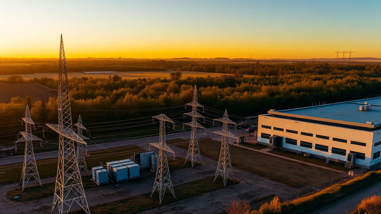 High-voltage electrical substation and transmission pylons beside a large windowless data centre building at golden hour