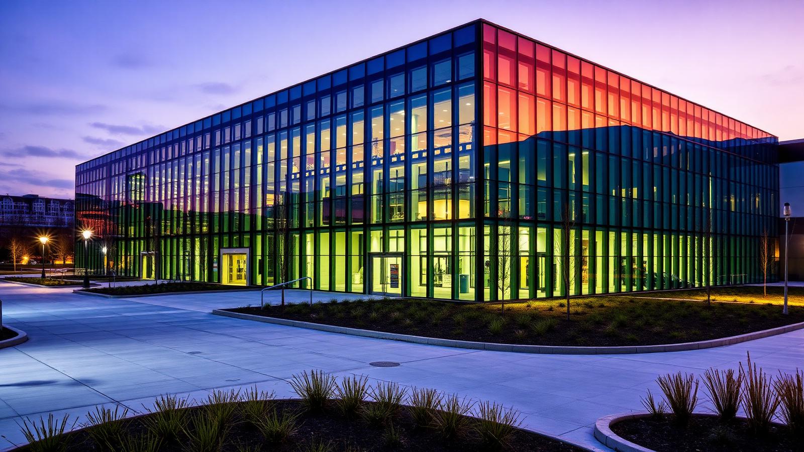 A glass technology corporate campus lit at dusk, as platform regulation tightens around social media design