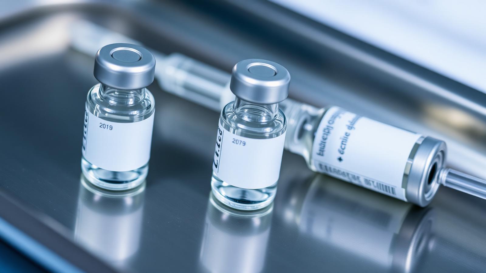 Three separate small glass vaccine vials in a row on a stainless steel tray beside one combined vial