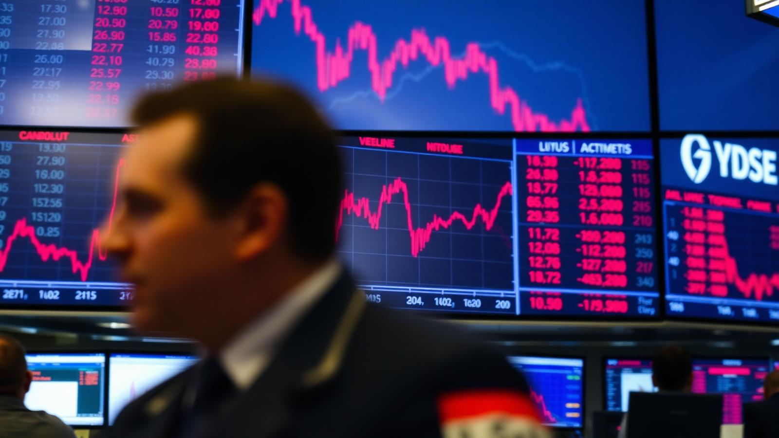Trading floor screen wall showing falling stock charts in red with a blurred trader in the foreground