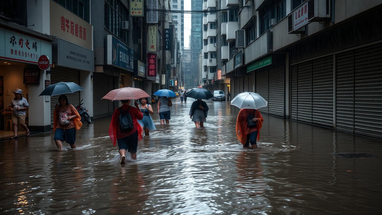 Pedestrians with umbrellas wading through a flooded city street during typhoon rainfall past shuttered shopfronts