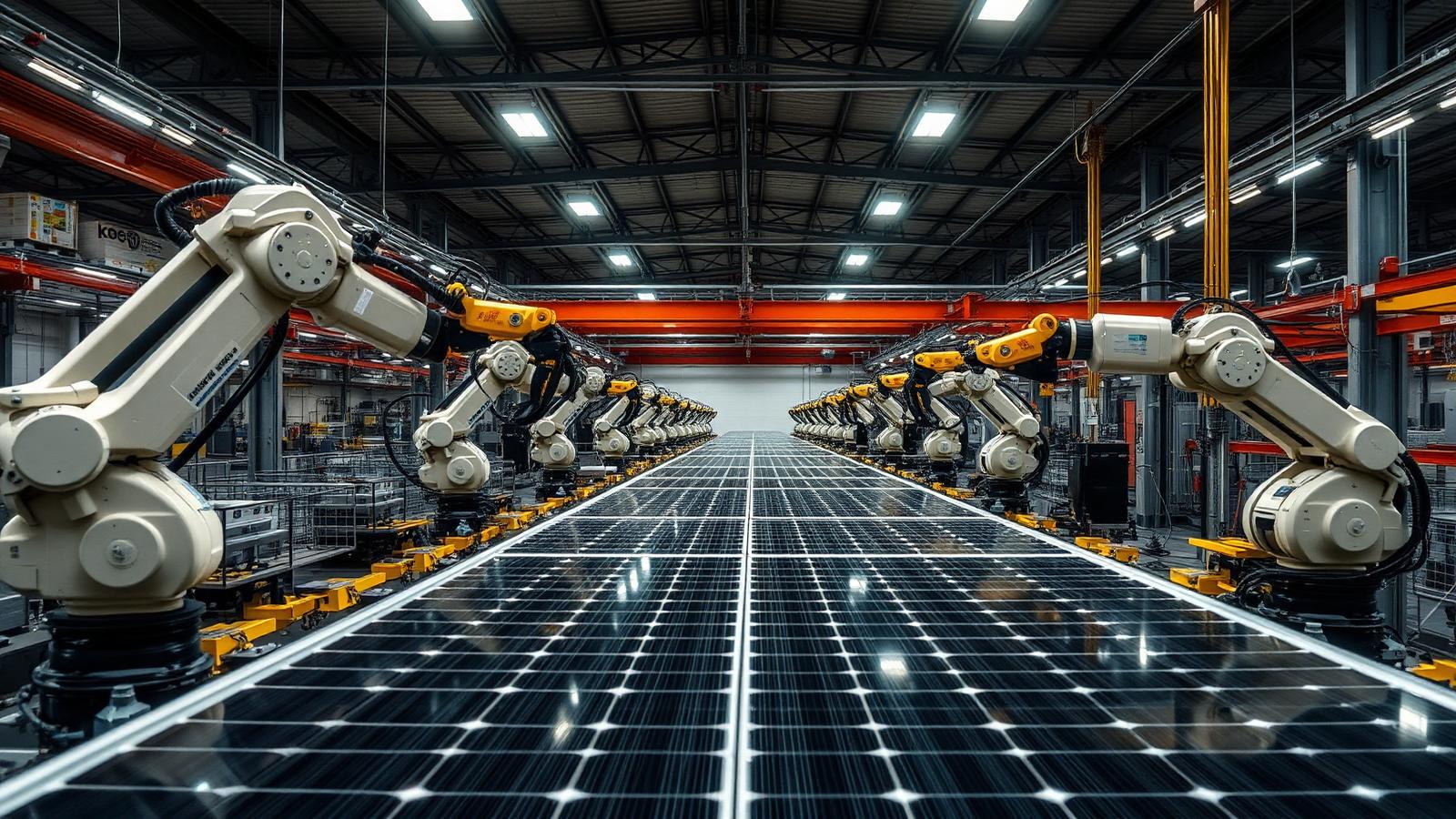 Robotic arms placing solar cells onto glass panels along an assembly line in a US solar module factory