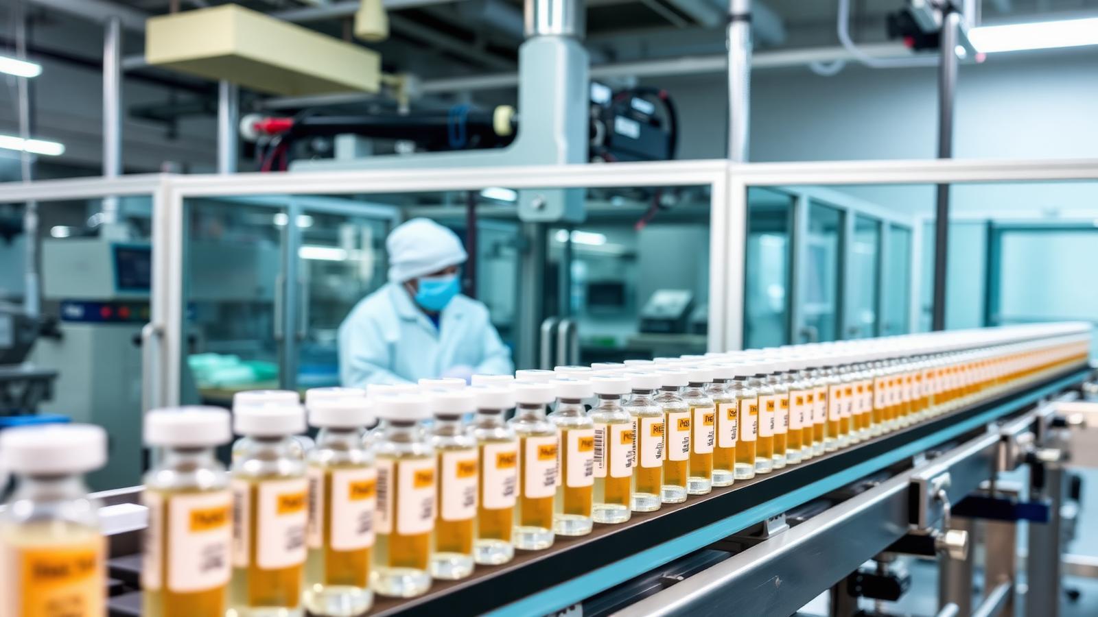 Vaccine manufacturing cleanroom with an automated filling line and rows of glass vials on a conveyor