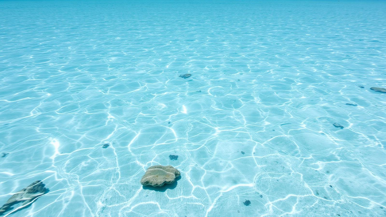 Warm turquoise shallow sea surface at midday with pale bleached coral visible on the seabed