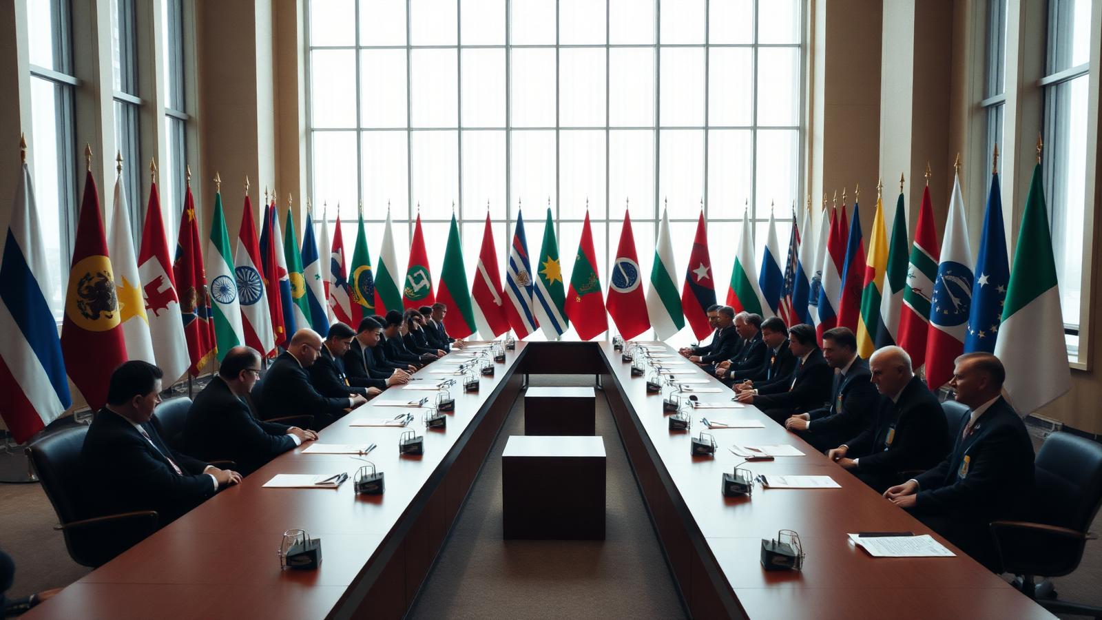 Diplomats seated at a long negotiating table in front of rows of national flags at an international summit